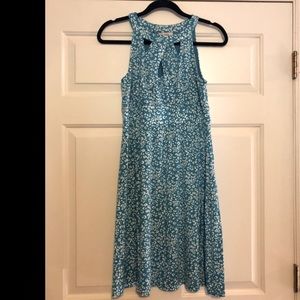 Blue and white cotton dress with cutout neckline